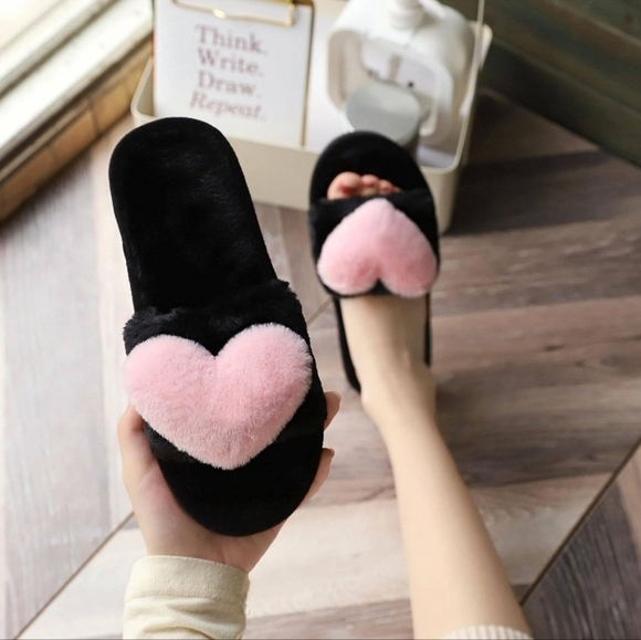 HEART Slippers Fuzzy Fluffy Memory Foam Open Toe Indoor Outdoor House Shoes PINK - Picture 2 of 8